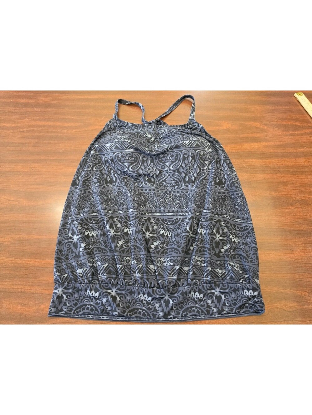 Lands End Size 6 Tankini Swim Top Black Gray Paisley Print Tummy Control Modest